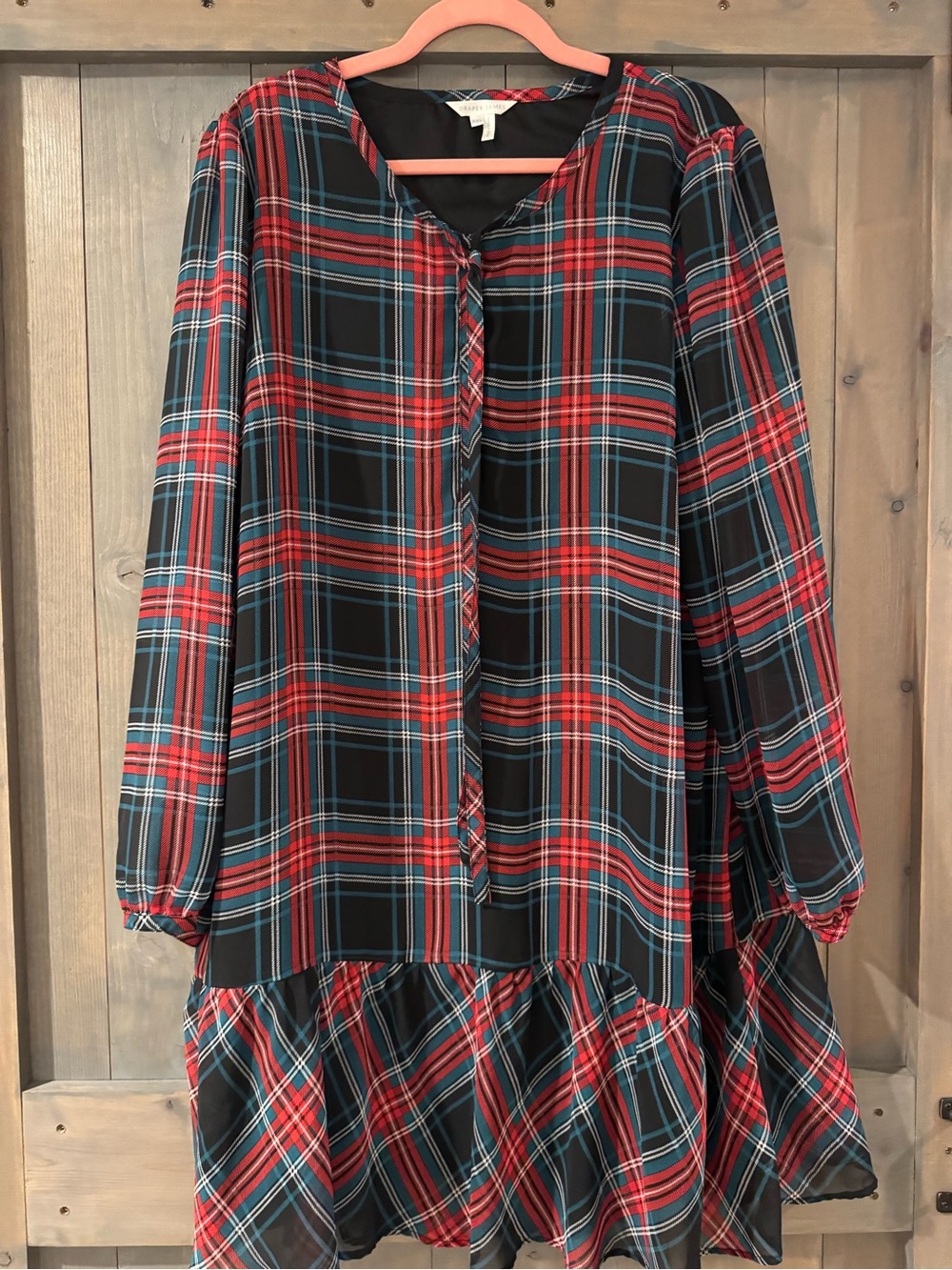 Draper James Black Plaid Midi Dress with Red and Teal Stripes